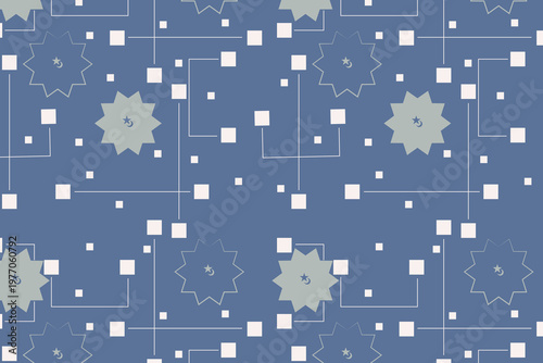 Dusty blue Ramadan geometric star seamless pattern in soft feminine aesthetic with light blue celestial centers in a tile