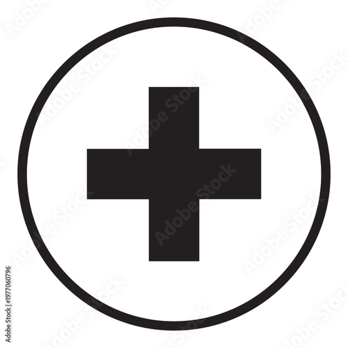 Bold plus sign inside a circle border. Medical, health, addition, or positive symbol vector icon design.
