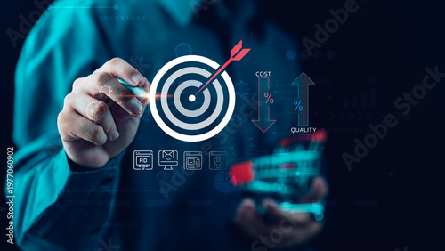Marketing strategist analyzes target performance with precision targeting, conversion optimization, campaign analytics, cost efficiency, quality improvement, digital advertising, audience segmentation
