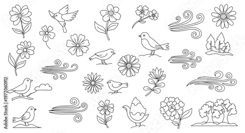 A collection of line drawings of birds and flowers isolated on white background, Vector, illustration