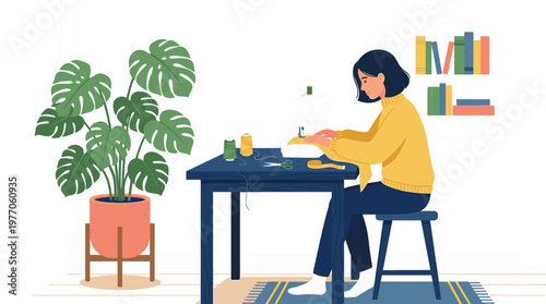 Woman sewing fabric at home workspace representing handmade craft tailoring hobby creativity and small business textile production illustration.eps