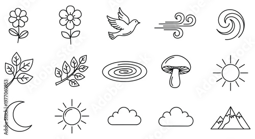 A collection of line drawings of natural elements isolated on white background, Vector, illustration