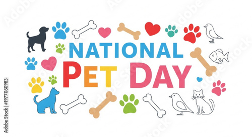 National Pet Day celebration graphic with cute animal icons including dogs cats birds and fish perfect for social media posters and cards