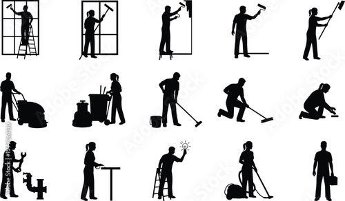 Cleaning and maintenance worker silhouettes set janitor painter plumber tools service black shadow vector illustration collection industrial workforce design