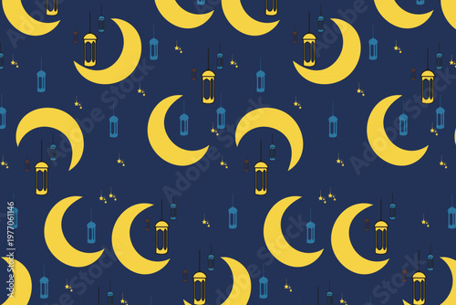 Navy blue crescent moon and lantern seamless pattern with bright yellow celestial motifs and traditional lighting icons