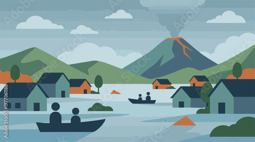 Flat Design Illustration of Volcanic Eruption and Flood Disaster