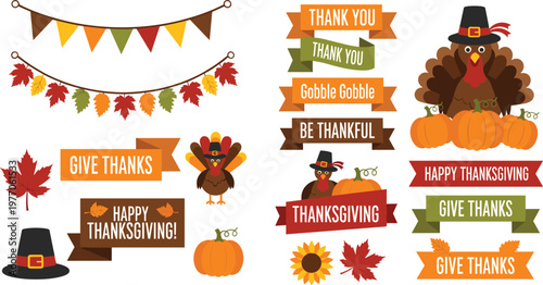 Thanksgiving vector element set featuring cute turkey bird wearing pilgrim hat orange pumpkins autumn leaves hanging bunting flags and festive typography ribbons for holiday seasonal celebration.