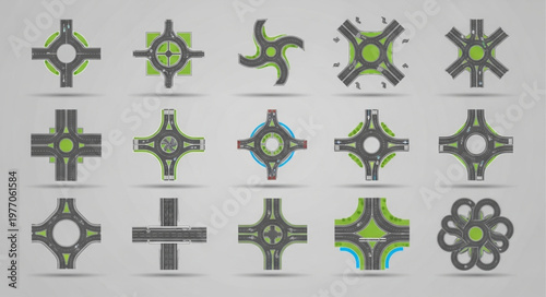 Collection of various road intersection designs and traffic circles.