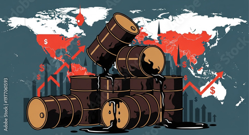 Oil barrels on world map with financial graph.