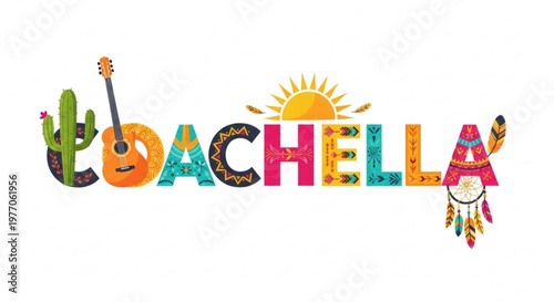 Coachella word art with desert elements featuring a guitar cactus sun and dreamcatcher representing music festival culture and bohemian style