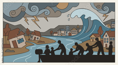 Natural disaster: Tsunami, storm, damaged homes, and rescue effort