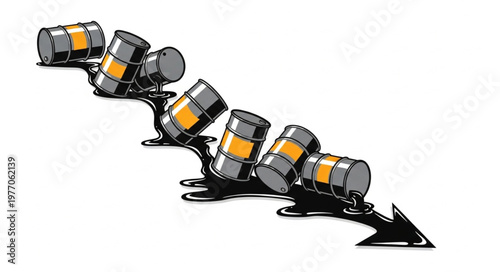 Oil barrels falling down a graph indicating a price drop.