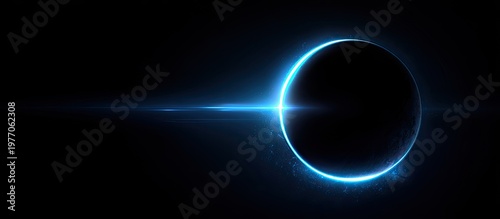 Dark celestial body with bright blue light halo and lens flare in deep space