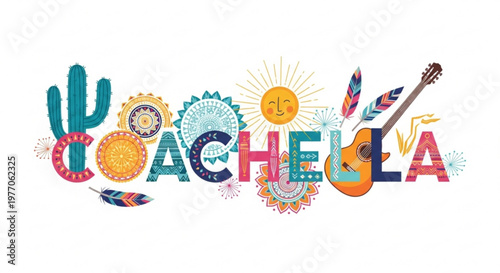 Coachella word art with desert elements featuring a guitar cactus sun and feathers perfect for festival promotion and bohemian style graphics