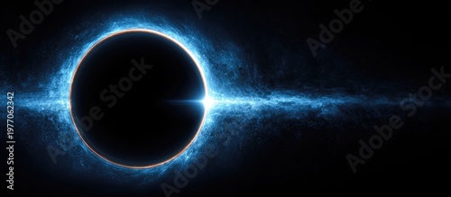 Abstract black sphere with a vibrant blue energy halo and light beam in deep space