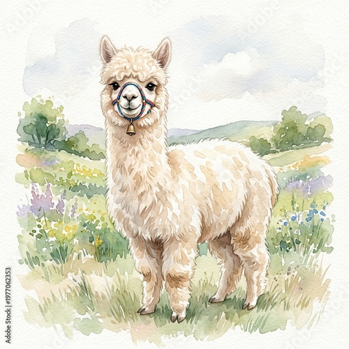 Cute Alpaca with Woolly Coat Standing in Pastoral Landscape Under Blue Sky