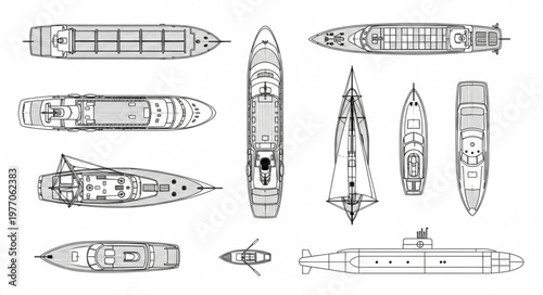 Collection of Top Down Ship and Boat Illustrations.
