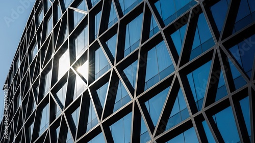 A modern glass building with a geometric facade reflecting sunlight