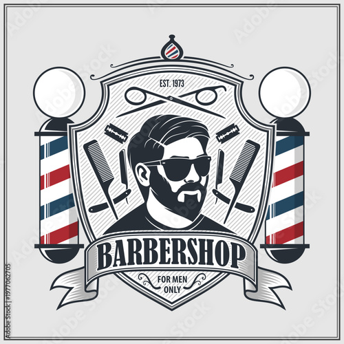 Barbershop logo, poster or banner design concept with barber pole and bearded men. Vector illustration