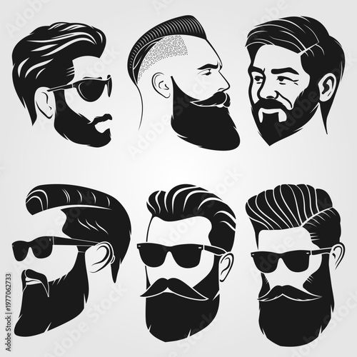 Set of vector bearded men faces hipsters. Fashion silhouette, emblem, icon, label. Vector illustration