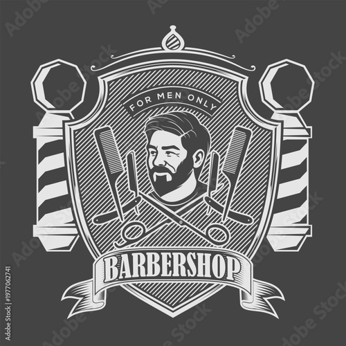Barbershop logo, poster or banner design concept with barber pole and bearded men. Vector illustration