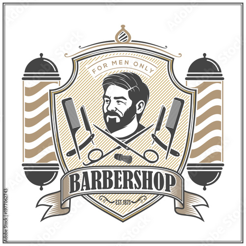 Barbershop logo, poster or banner design concept with barber pole and bearded men. Vector illustration