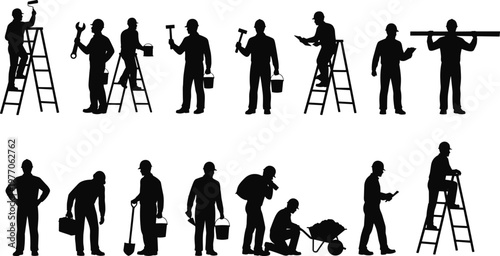 Construction worker silhouette set, handyman tools ladder repair painting digging activities, building maintenance team, industrial labor collection vector