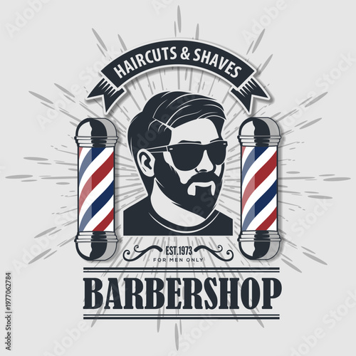 Barbershop logo, poster or banner design concept with barber pole and bearded men. Vector illustration