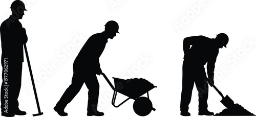 Construction worker silhouettes digging and transporting soil with tools labor industrial building site black shadow vector illustration set