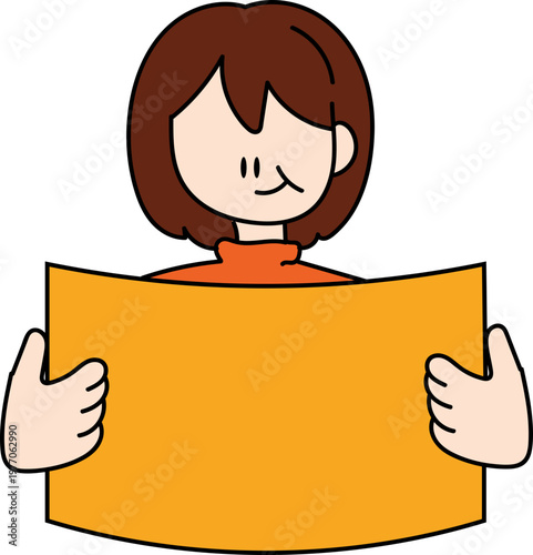 smiling woman holding blank sign board for product positioning