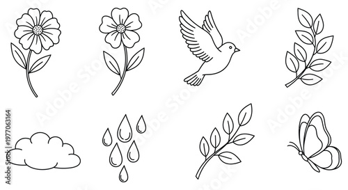 A set of line drawings of flowers, leaves, a butterfly, a bird, raindrops and a cloud isolated on white background, Vector, illustration