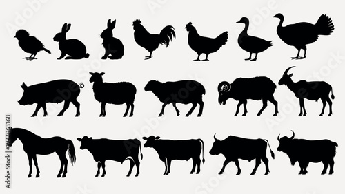 Silhouettes of various farm animals vector set