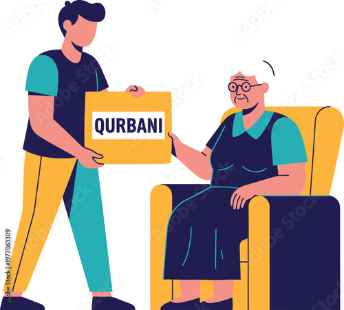 a man handing a qurbani box to an elderly person