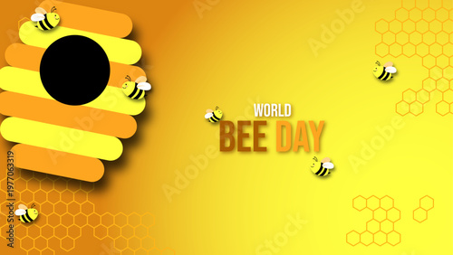 Yellow Honeycomb Background for World Bee Day with Cute Flying Bee Icons