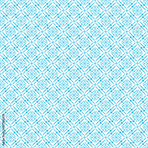 Blue diamonds and lines vector seamless pattern on white background. Abstract light blue lattice ornament with star shapes. Repetitive geometric vector for textile prints, tiling, decorative surfaces.