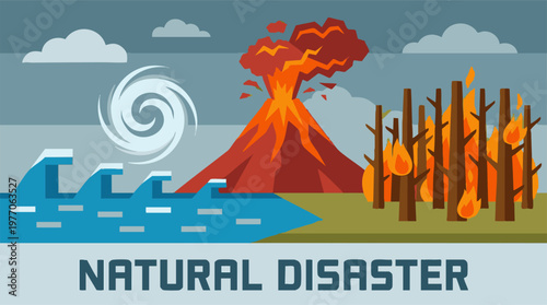 Flat design illustration depicting various natural disasters