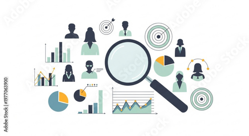 Magnifying glass over people icons and data charts concept for market research analytics and customer segmentation flat vector illustration