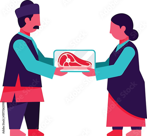a man and a woman are exchanging a piece of raw meat
