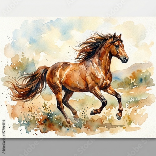 Watercolor Painting of a Brown Chestnut Horse Running in Open Field with Dynamic Mane and Tail