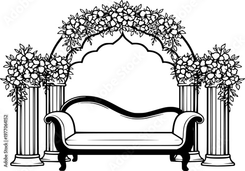 Wedding Kosha Throne Silhouette Floral Arch Luxury Decor Celebration Black Vector