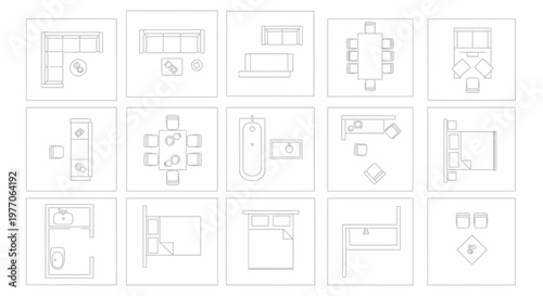 Top View Furniture Layouts: Living Room, Bedroom, Dining Room, Bathroom Icons