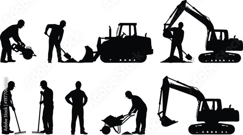 Construction workers and excavator silhouettes set digging labor machinery industrial building site black shadow vector illustration collection design