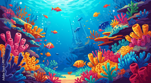 Vibrant Underwater Coral Reef Scene A Colorful Vector Illustration of Marine Life and Aquatic Ecosystems