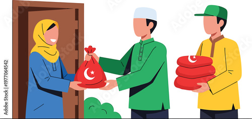 people exchanging food bags through doorway