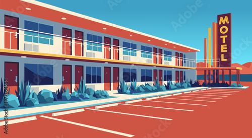 Retro motel vector illustration in a warm color palette, depicting a classic roadside lodging with ample parking spaces and a vintage neon sign, perfect for travel and lifestyle themes