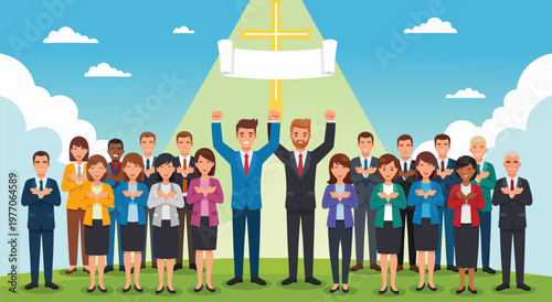 Successful Teamwork Vector Illustration with Diverse People Standing Together Under a Bright Light, Celebrating Unity and Achievement