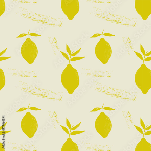 Seamless pattern with yellow lemons. Minimalist rapport with fruits in dry brush style. Hand drawn citrus background with grainy texture. Repeatable lemon backdrop for fabric, design, textile, wrap