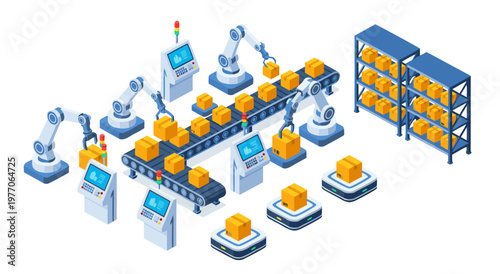 Isometric Vector Illustration of an Automated Warehouse Conveyor Belt System with Robotic Arms and Storage Shelving
