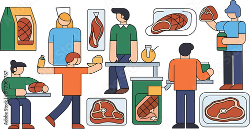 people buying and selling meat at a butcher shop