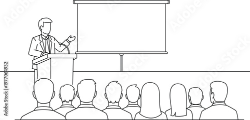 Business seminar presentation with speaker at podium addressing audience in conference hall line drawing professional event illustration